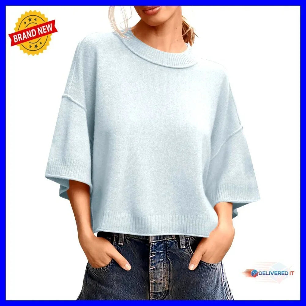 Oversized Cropped Sweater Lightweight Knit Top Casual Summer Crewneck Y2K
